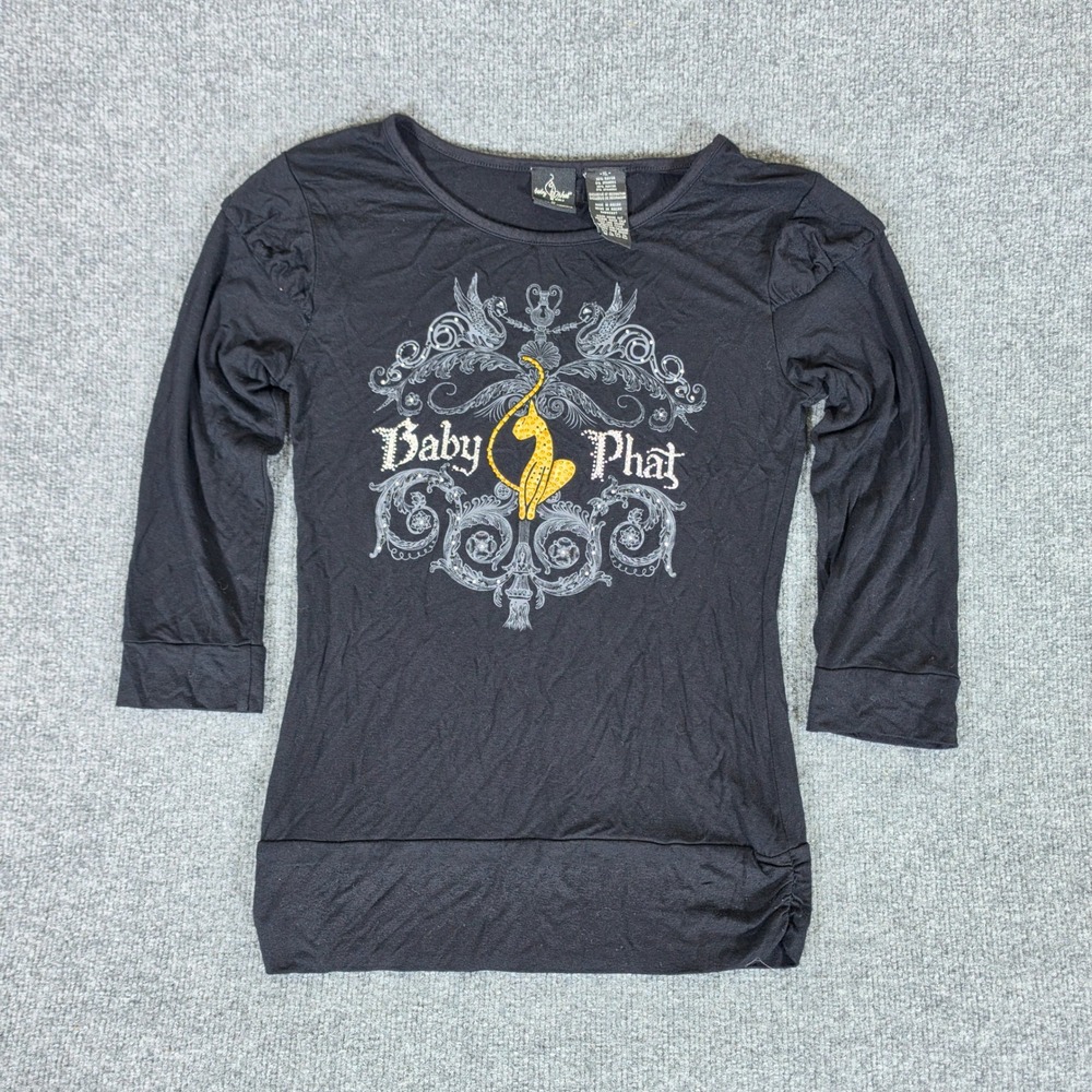 Baby Phat Womens XL Black 3/4 Sleeve Graphic Top Rhinestone Y2K McBling Logo